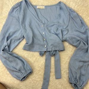 Light Blue Long Sleeve Open Back Top, Size Medium